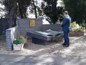 Dr Arkady Rzegocki at the memorial to the Polish codebreakers at Bletchley Park