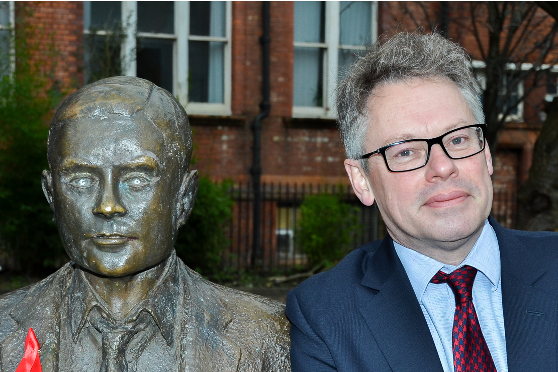 Dermot Turing with Alan Turing memorial statue in Manchester